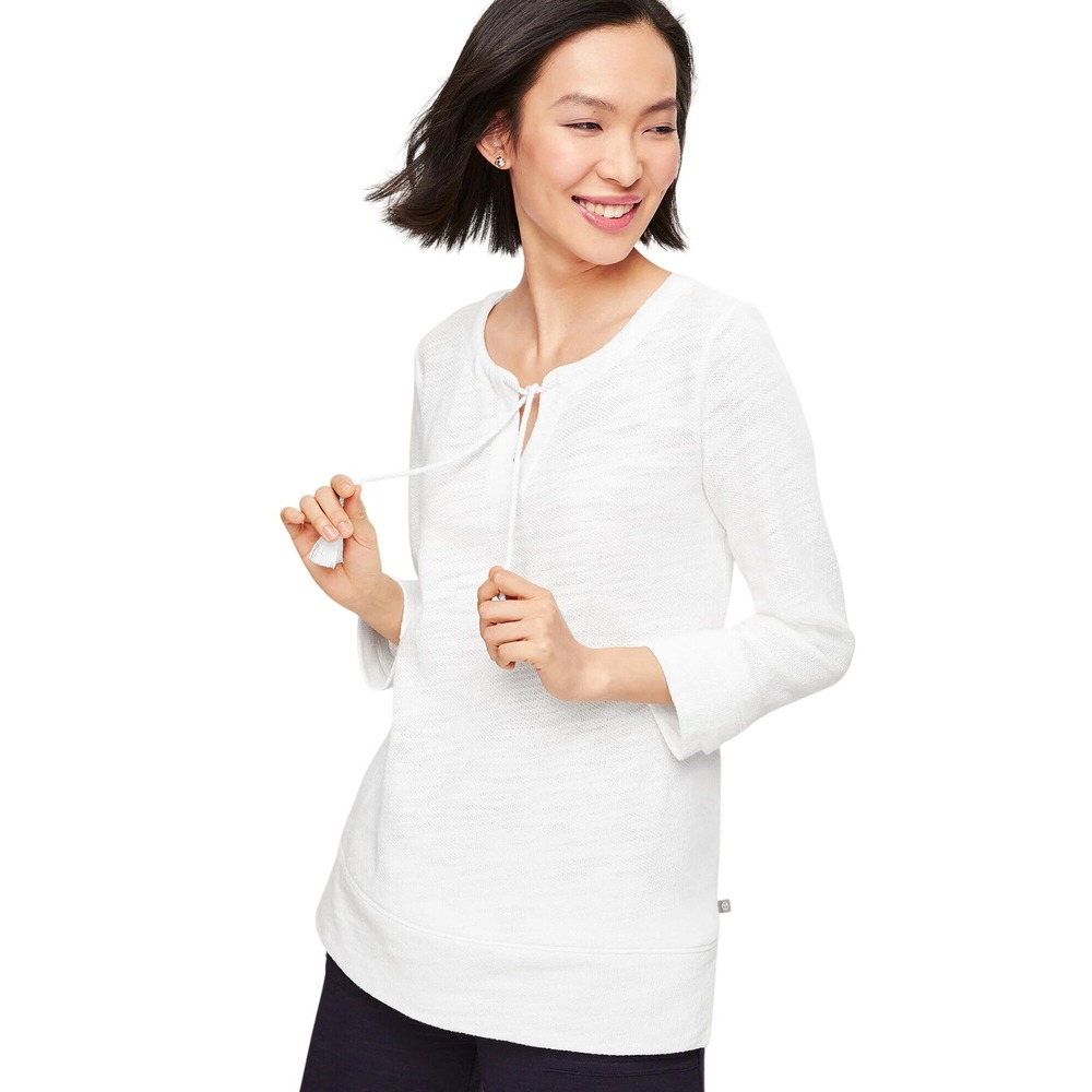 T by Talbots White Cotton Slub Knit Tunic Top Women 1X Tassel Tie Coastal‎ Vacay
